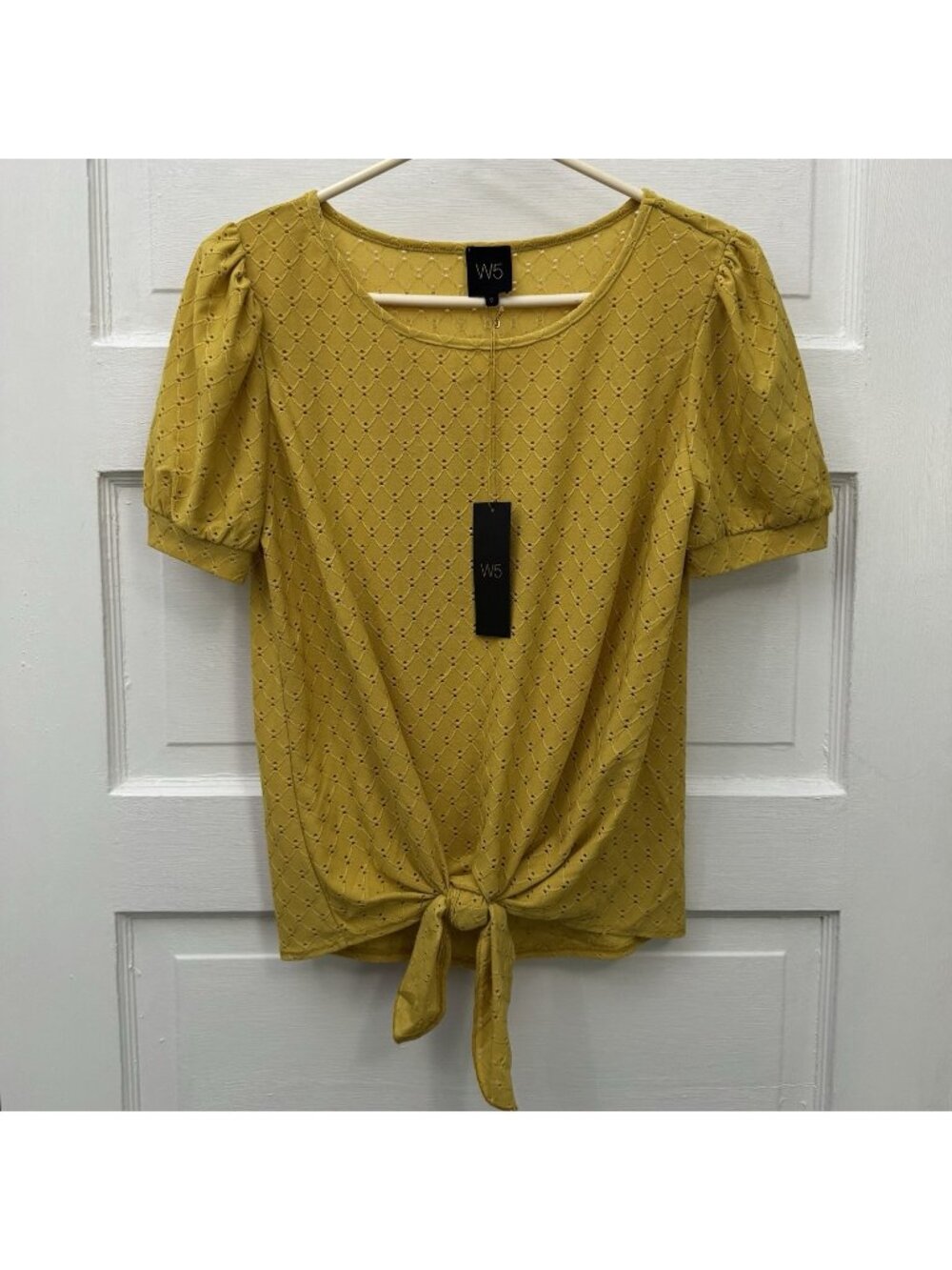 W5 Eyelet Blouse Women’s S Mustard Yellow Tie Front Puff Sleeve NWT